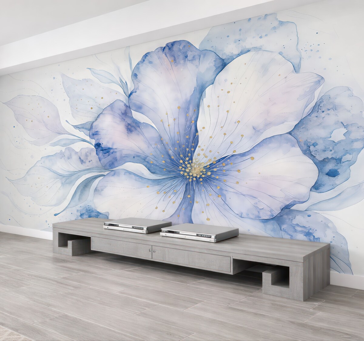 Fototapeta Abstrakcyjny, teksturowany kwiat namalowany akwarelą w tonacjach niebieskiego, fioletowego i białego.