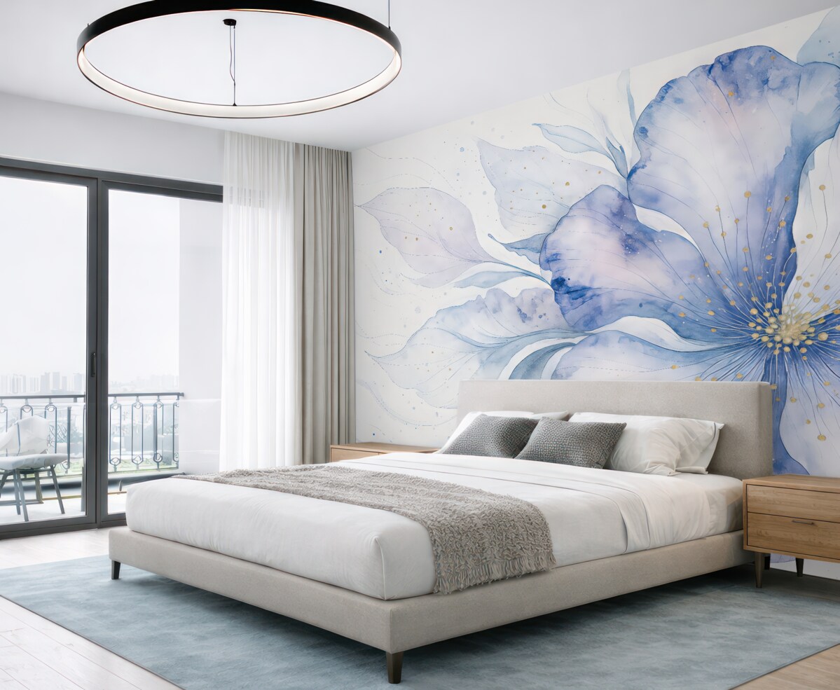 Fototapeta Abstrakcyjny, teksturowany kwiat namalowany akwarelą w tonacjach niebieskiego, fioletowego i białego.