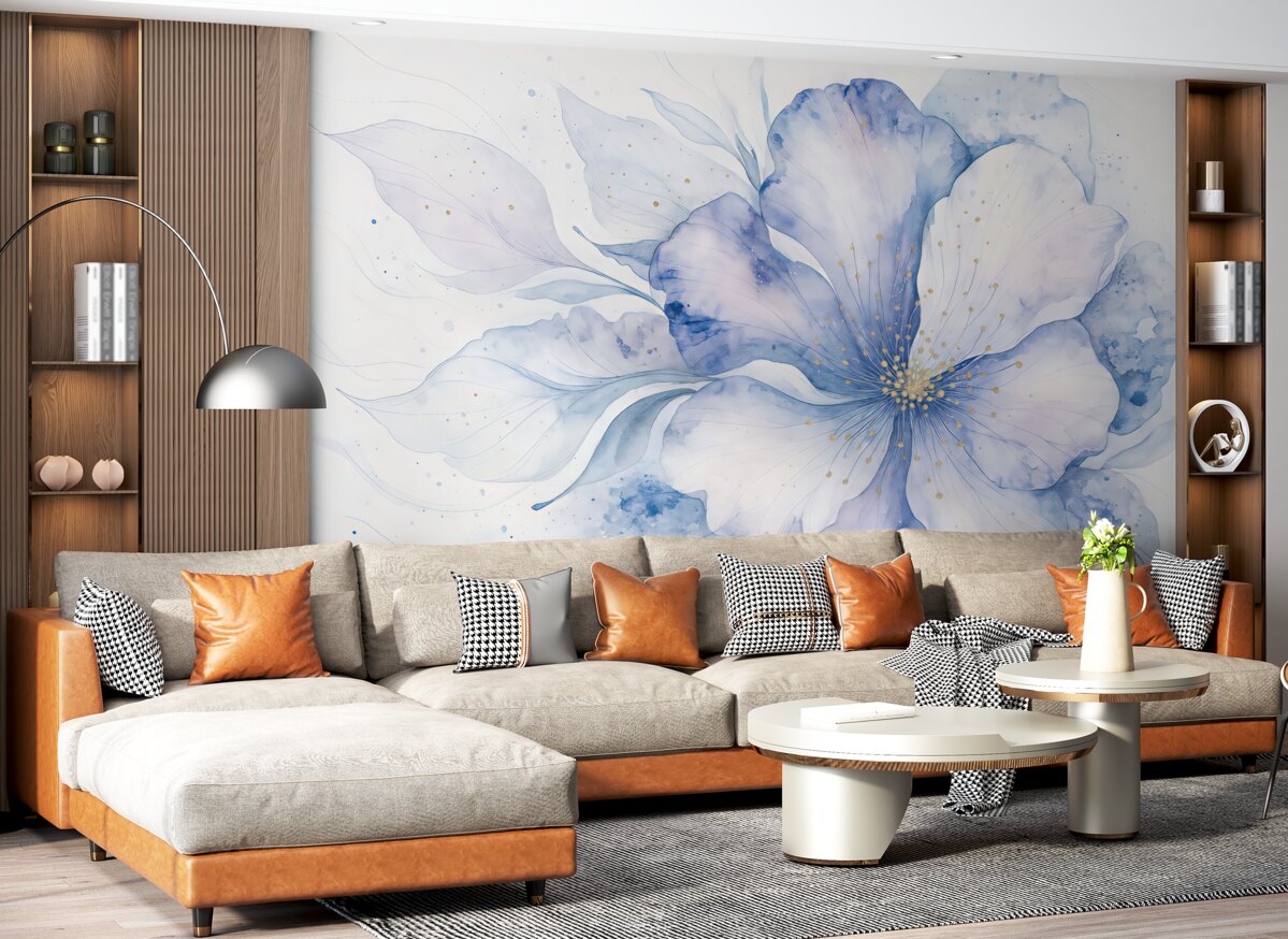 Fototapeta Abstrakcyjny, teksturowany kwiat namalowany akwarelą w tonacjach niebieskiego, fioletowego i białego.