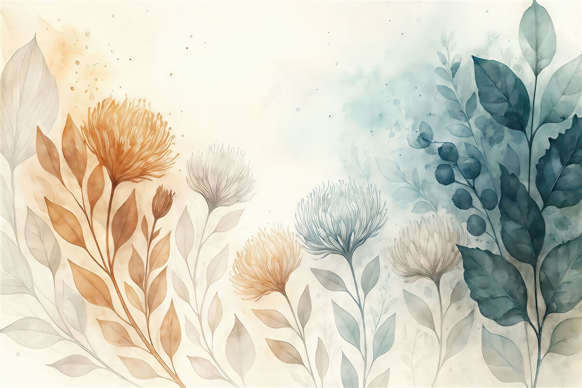 Fototapeta Subtelna kwiatowa abstrakcja, stylizowane kwiaty oraz elementy form roślinnych w stonowanych, naturalnych kolorach sztuki akwarelowej.