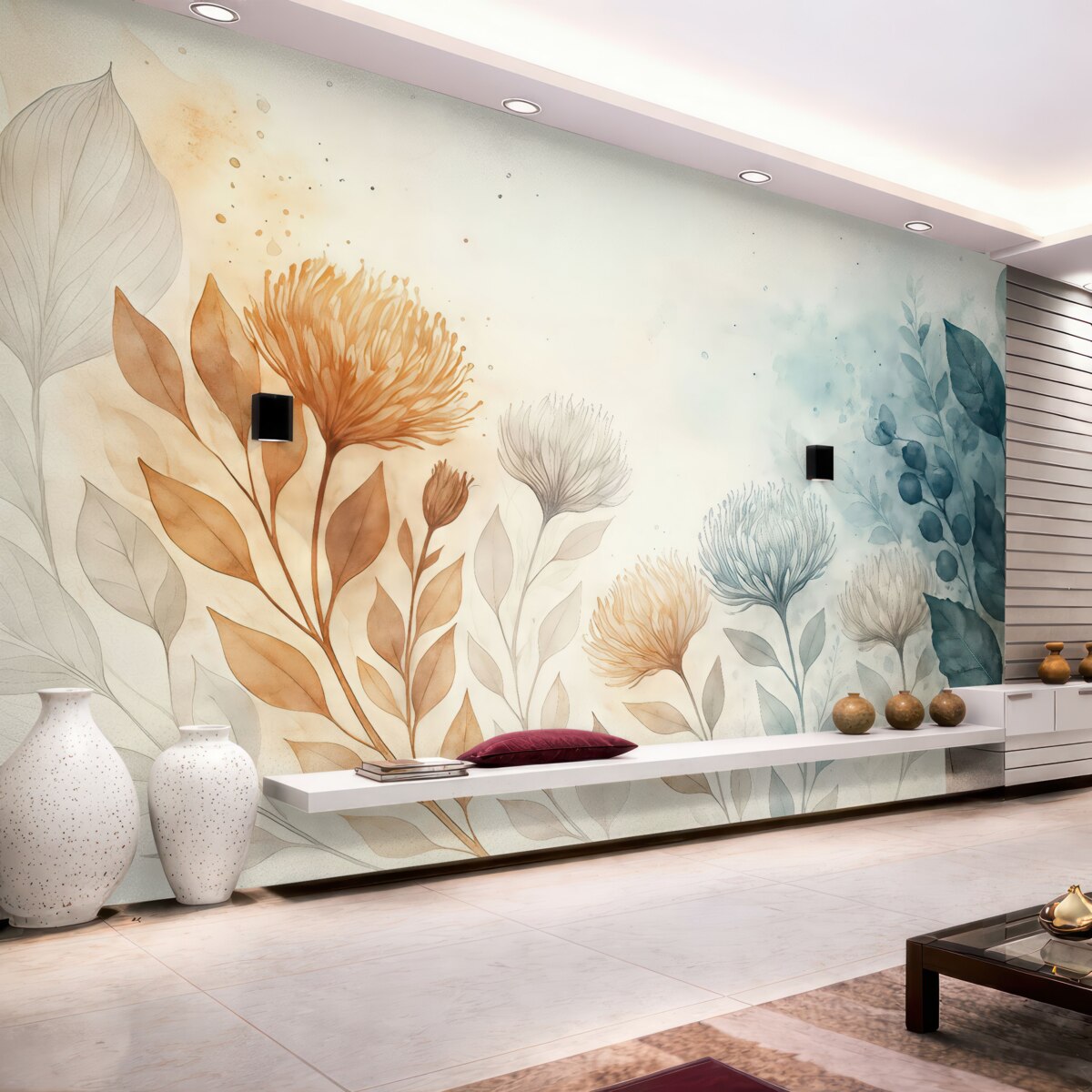 Fototapeta Subtelna kwiatowa abstrakcja, stylizowane kwiaty oraz elementy form roślinnych w stonowanych, naturalnych kolorach sztuki akwarelowej.