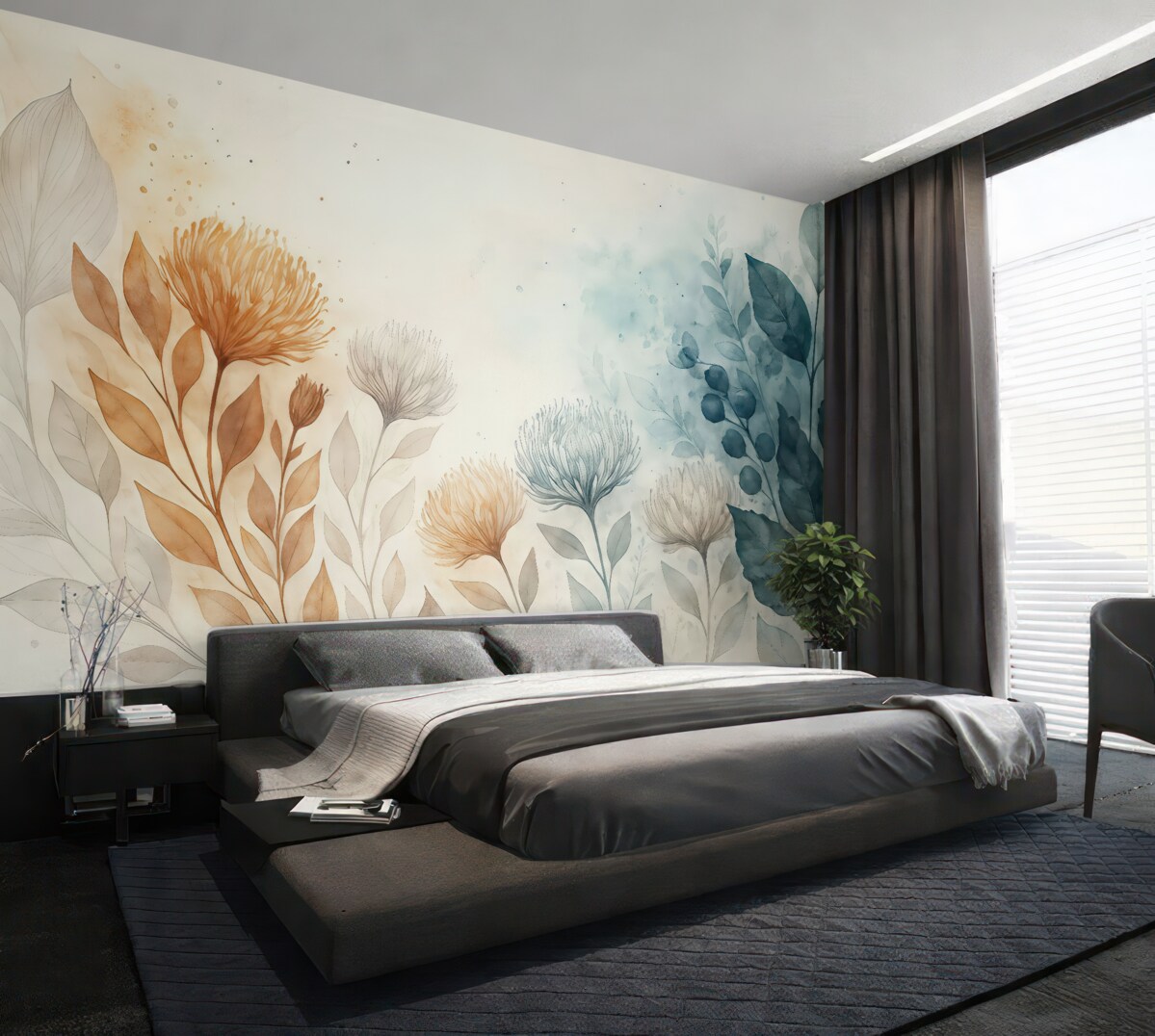 Fototapeta Subtelna kwiatowa abstrakcja, stylizowane kwiaty oraz elementy form roślinnych w stonowanych, naturalnych kolorach sztuki akwarelowej.