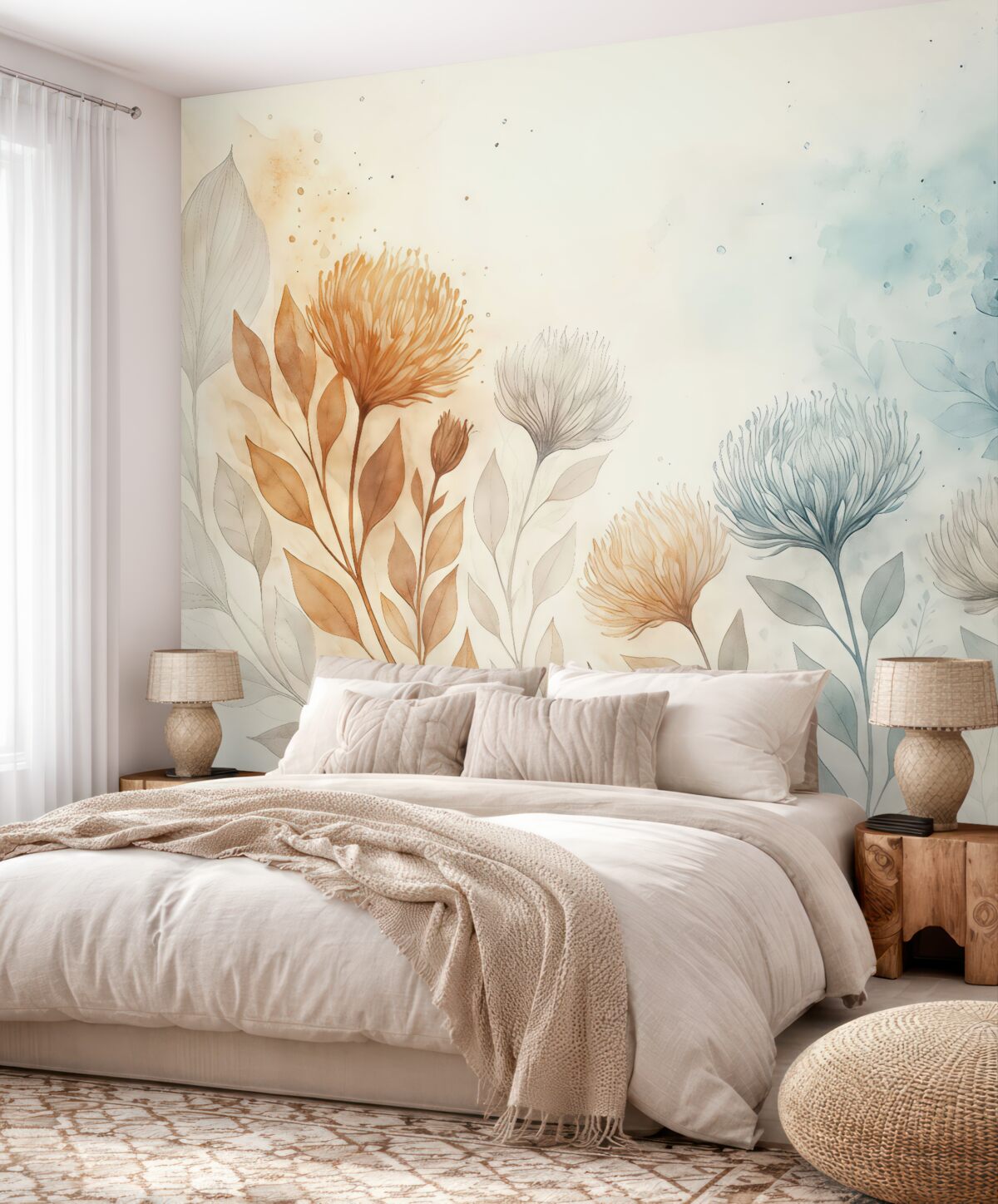 Fototapeta Subtelna kwiatowa abstrakcja, stylizowane kwiaty oraz elementy form roślinnych w stonowanych, naturalnych kolorach sztuki akwarelowej.