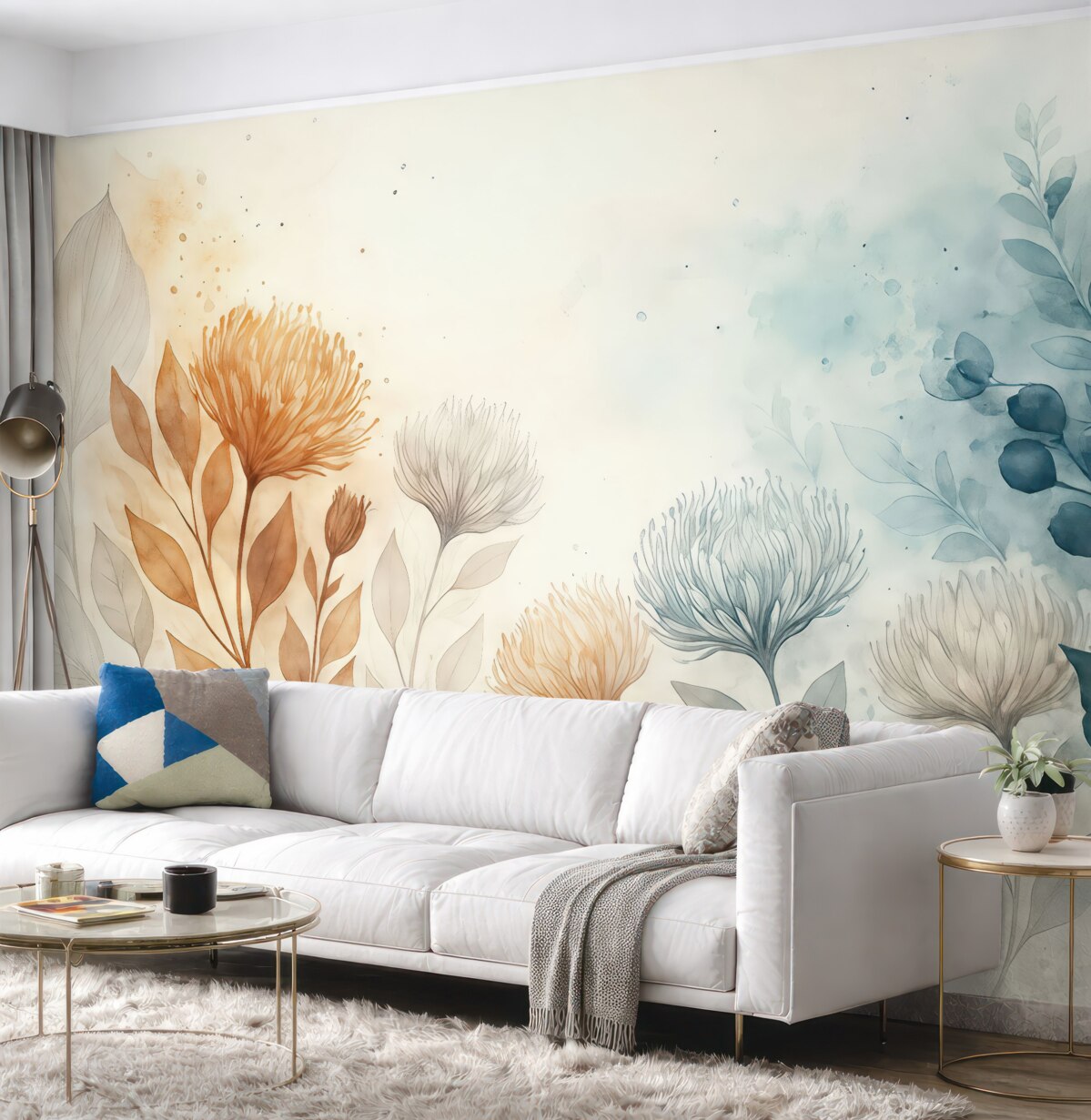 Fototapeta Subtelna kwiatowa abstrakcja, stylizowane kwiaty oraz elementy form roślinnych w stonowanych, naturalnych kolorach sztuki akwarelowej.