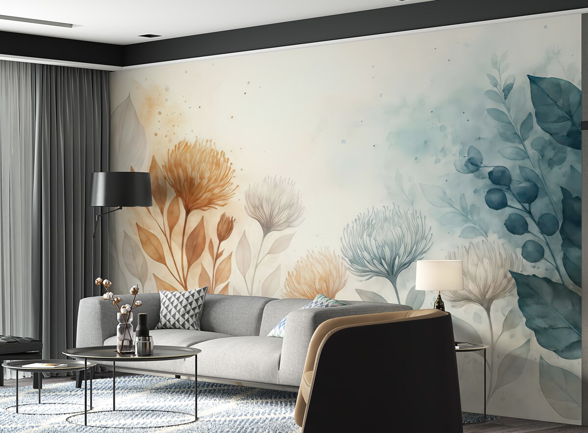 Fototapeta Subtelna kwiatowa abstrakcja, stylizowane kwiaty oraz elementy form roślinnych w stonowanych, naturalnych kolorach sztuki akwarelowej.