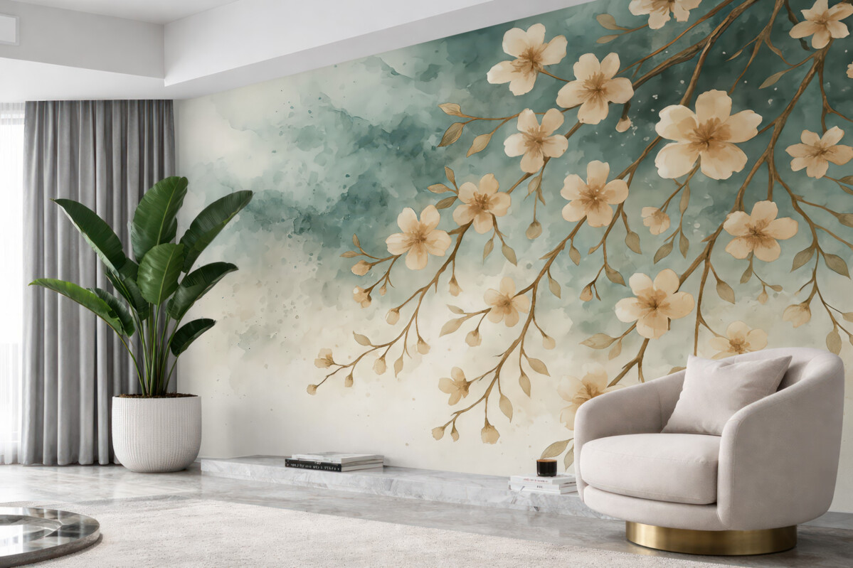 Fototapeta Subtelne różowe kwiaty wiśni w pełnym rozkwicie na konarach drzew na tle akwareli.