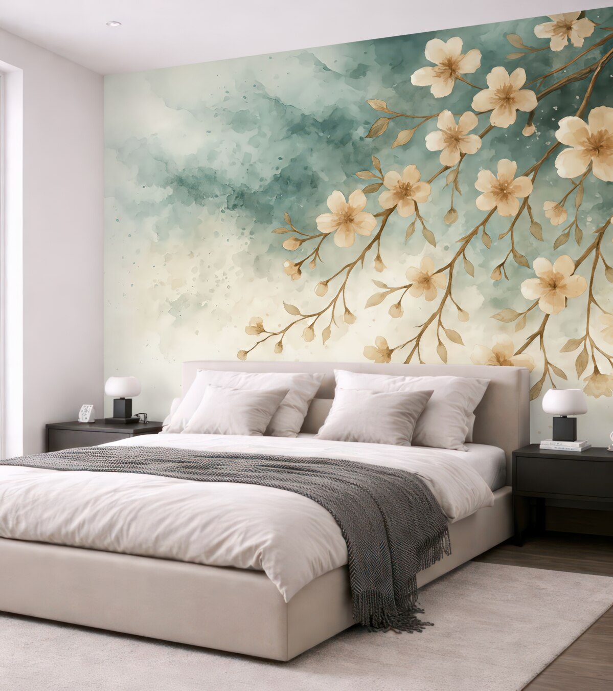 Fototapeta Subtelne różowe kwiaty wiśni w pełnym rozkwicie na konarach drzew na tle akwareli.