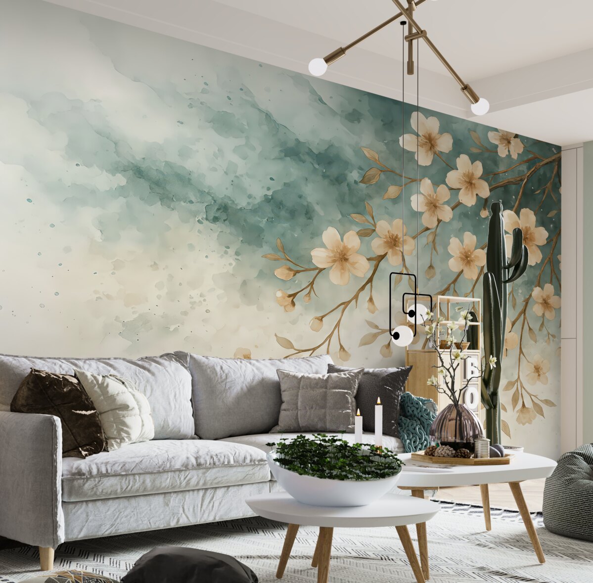 Fototapeta Subtelne różowe kwiaty wiśni w pełnym rozkwicie na konarach drzew na tle akwareli.