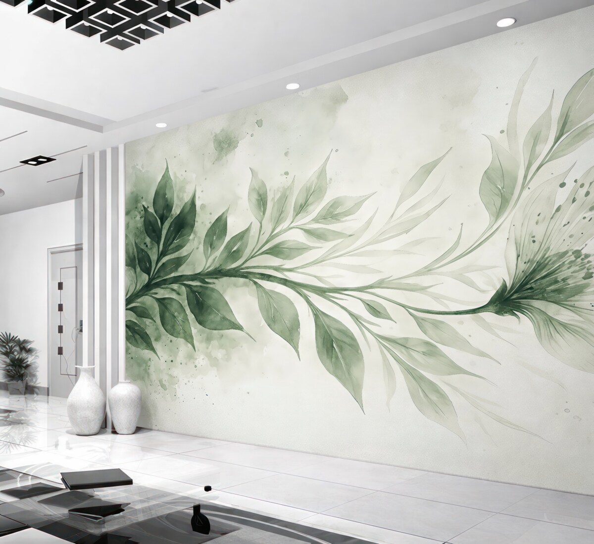 Fototapeta Subtelny teksturowany wzór zielonych liści i gałęzi na gładkim, rozmytym tle.