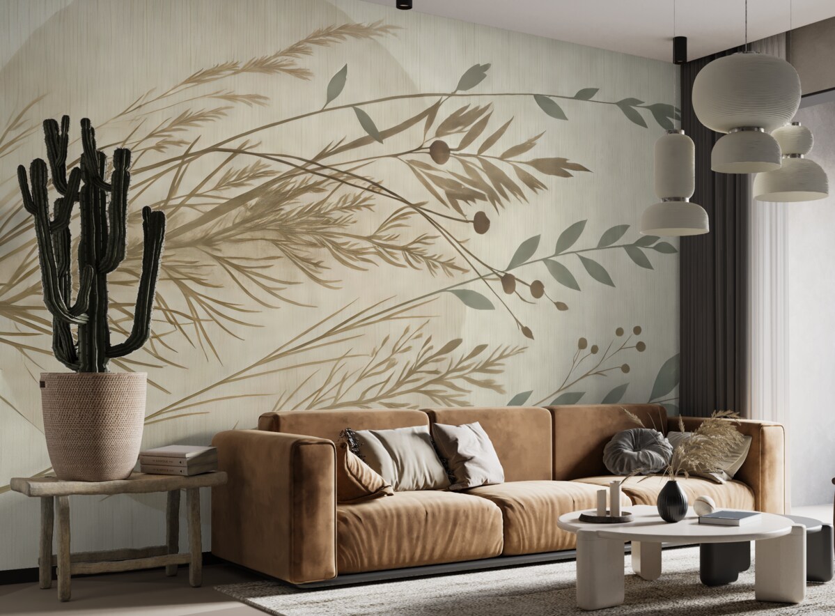 Fototapeta Minimalistyczna grafika o okrągłej formie z abstrakcyjnymi motywami roślinnymi w delikatnych tonacjach ziemi.