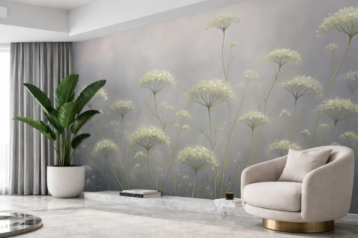 Fototapeta Białe kwiaty na mglistej łące z delikatnym, nieostrym szarym tłem.