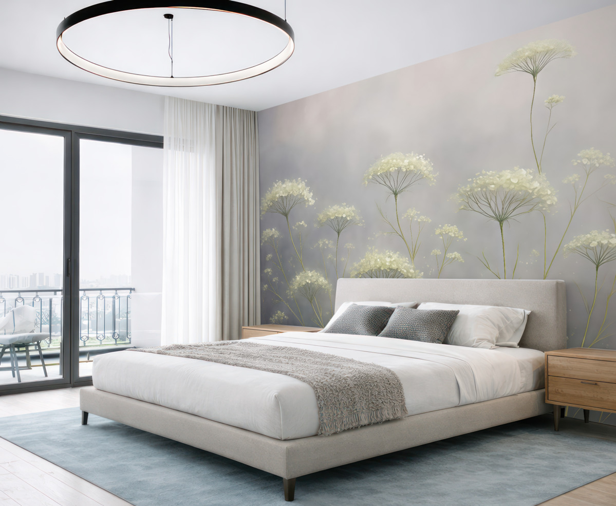 Fototapeta Białe kwiaty na mglistej łące z delikatnym, nieostrym szarym tłem.