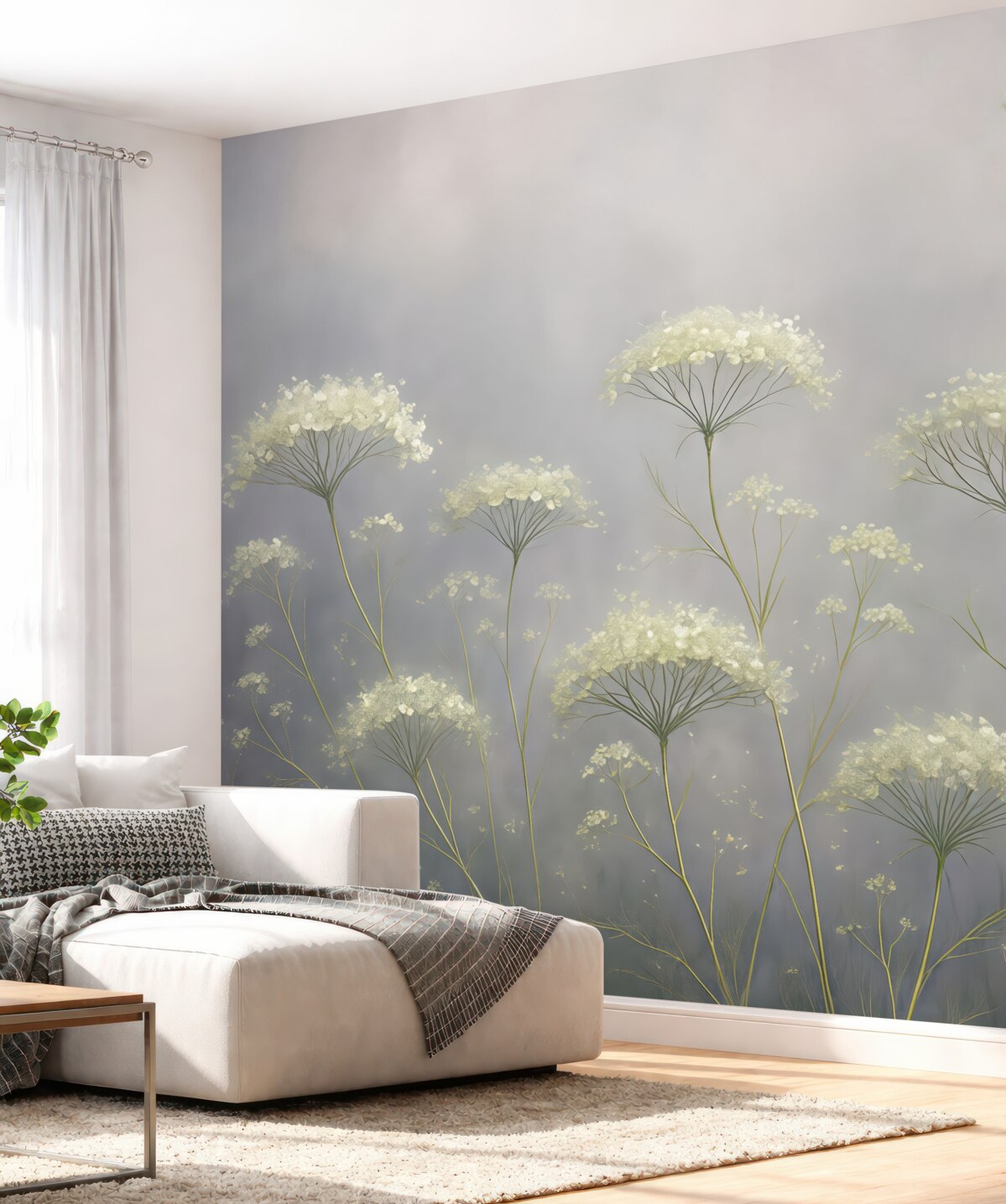 Fototapeta Białe kwiaty na mglistej łące z delikatnym, nieostrym szarym tłem.