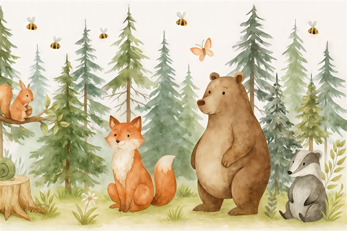 Fototapeta Scena w lesie z zwierzętami i różnymi sosnami w tle.