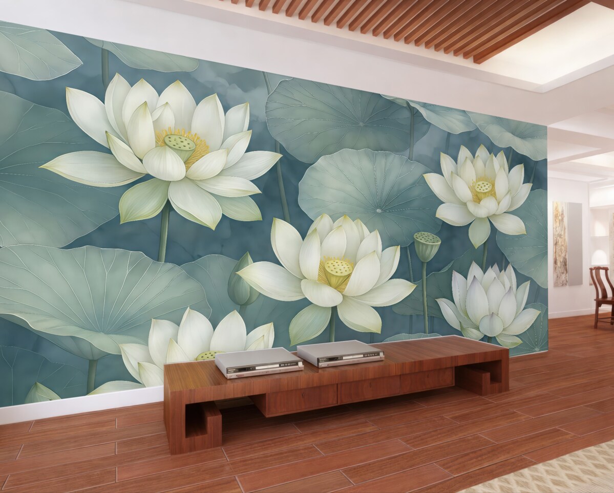 Fototapeta Niebieskie, błękitne kwiaty lotosu z liśćmi.