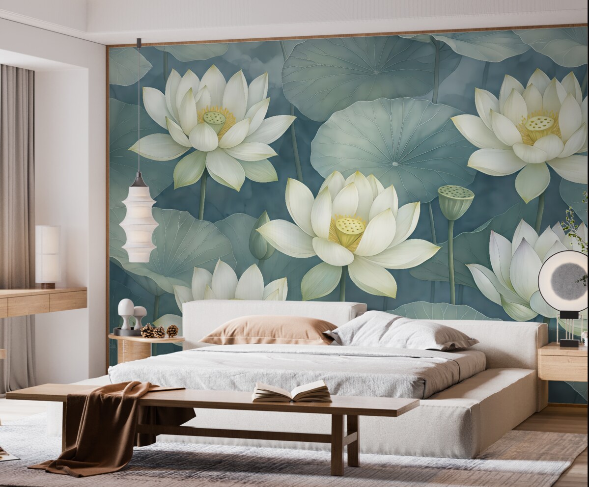 Fototapeta Niebieskie, błękitne kwiaty lotosu z liśćmi.