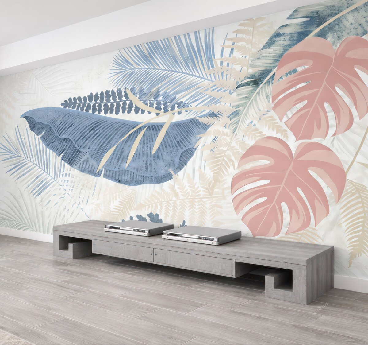 Fototapeta Wsp współczesny wzór roślinny z tropikalnym, teksturowanym motywem liści palmowych w różnych tonacjach niebieskiego, szarego i różowego.