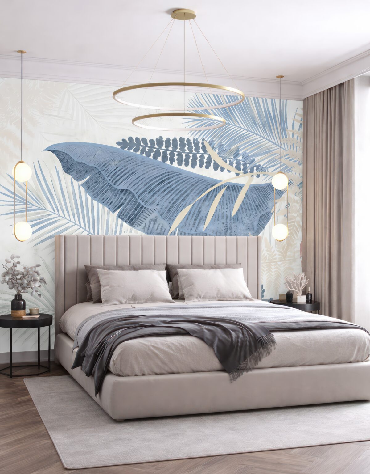 Fototapeta Wsp współczesny wzór roślinny z tropikalnym, teksturowanym motywem liści palmowych w różnych tonacjach niebieskiego, szarego i różowego.