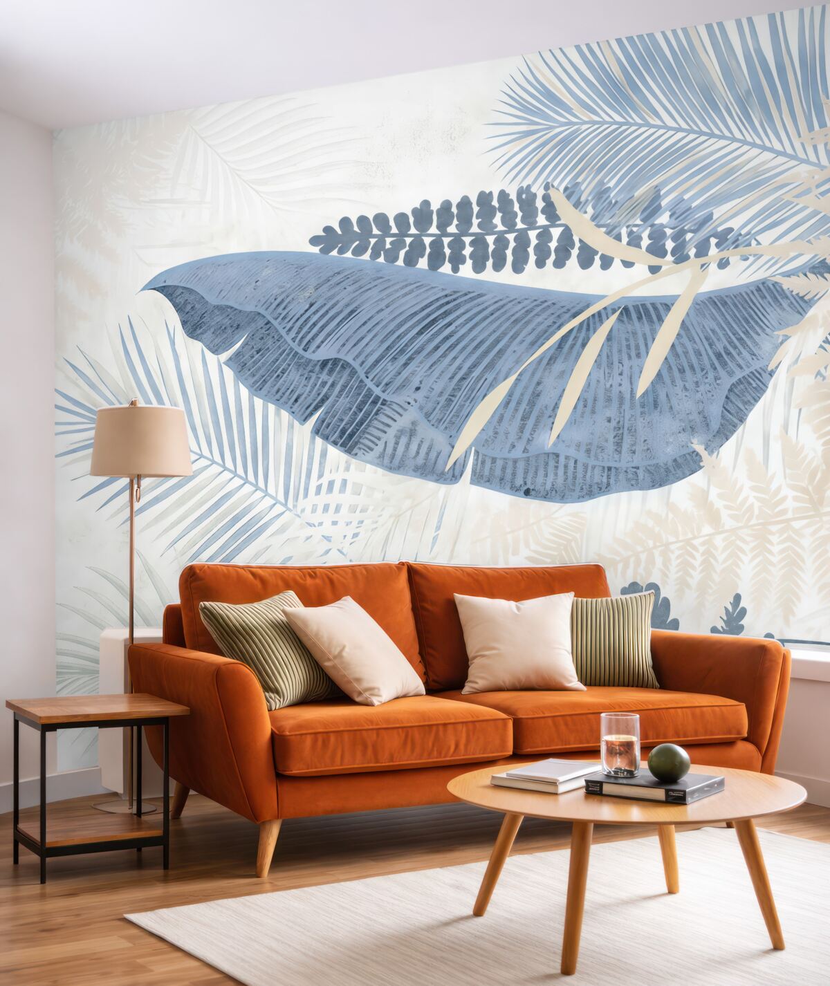 Fototapeta Wsp współczesny wzór roślinny z tropikalnym, teksturowanym motywem liści palmowych w różnych tonacjach niebieskiego, szarego i różowego.