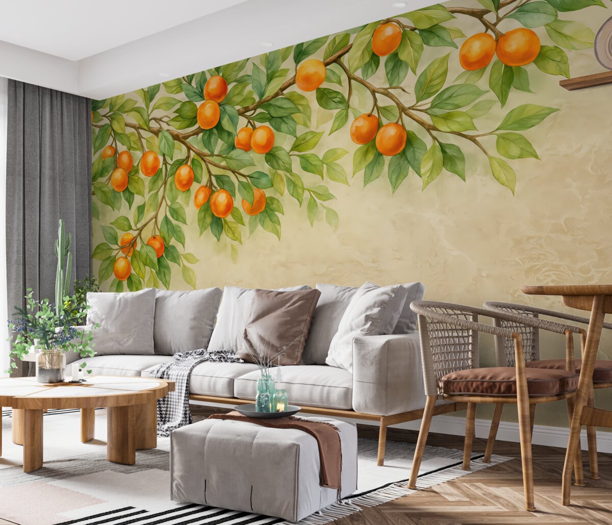 Fototapeta gałązki z mandarynkami na jasnym tle