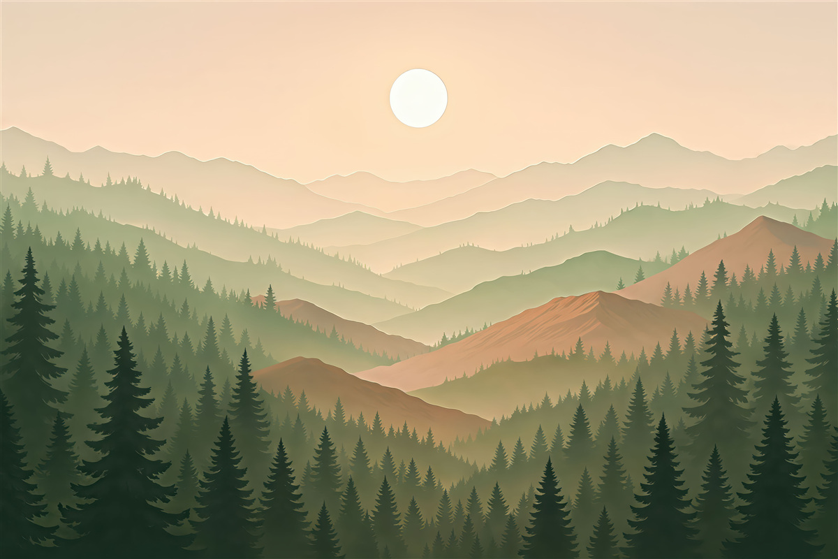 Fototapeta Górskie pejzaże, zachód słońca, las, sosny, natura, odcienie beżu i zieleni.