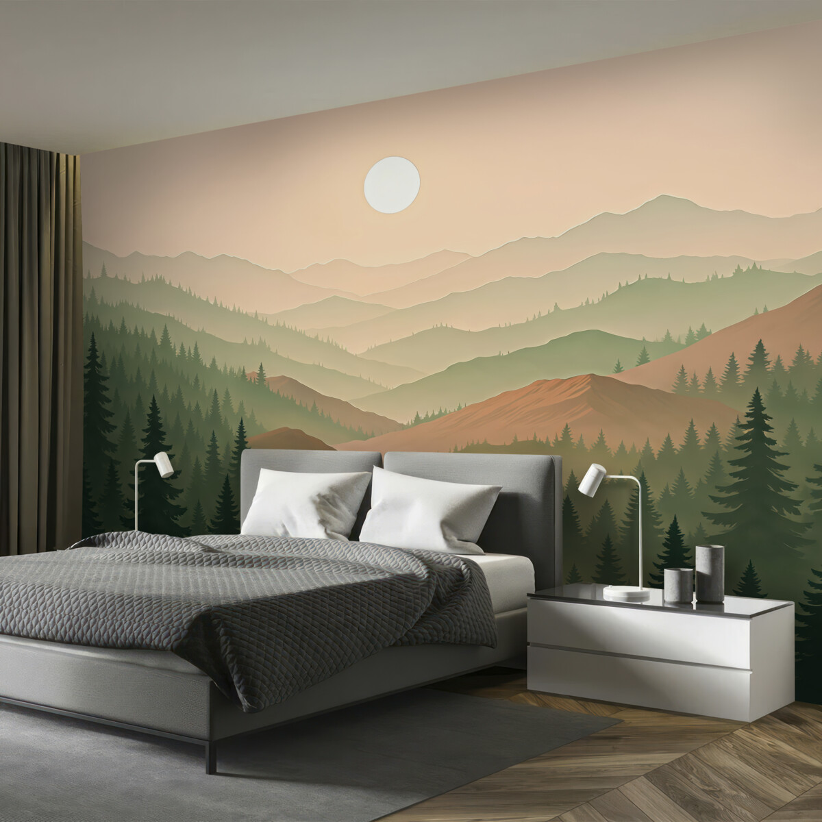 Fototapeta Górskie pejzaże, zachód słońca, las, sosny, natura, odcienie beżu i zieleni.