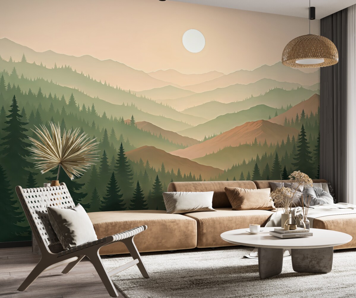 Fototapeta Górskie pejzaże, zachód słońca, las, sosny, natura, odcienie beżu i zieleni.