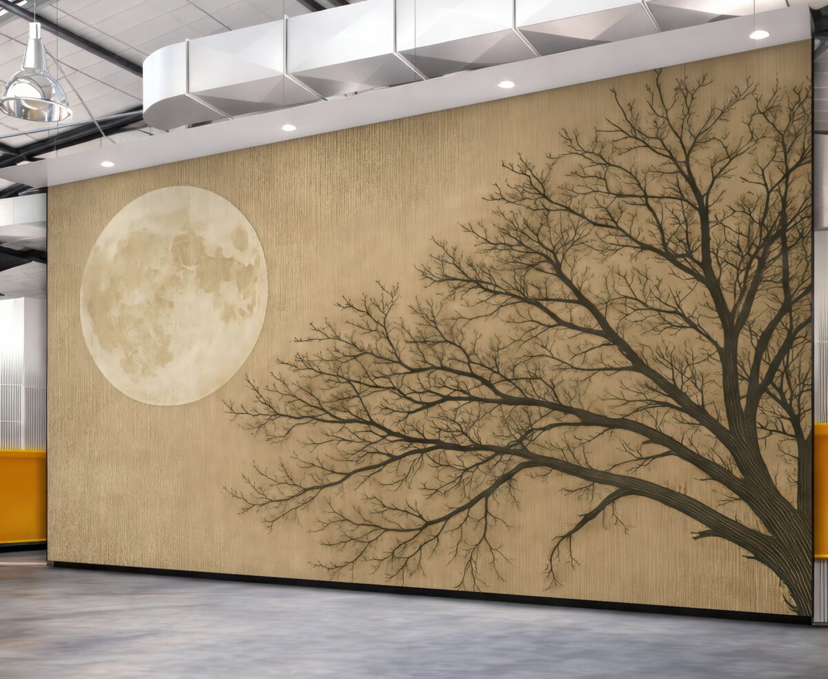 Fototapeta Zarys drzewa oraz pełnia księżyca na brązowej powierzchni.