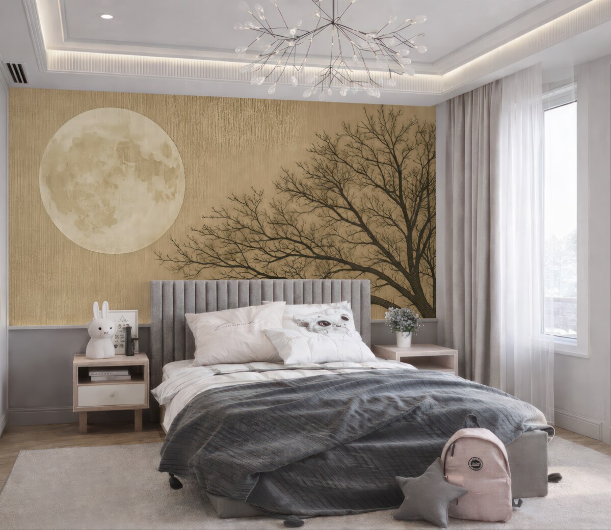 Fototapeta Zarys drzewa oraz pełnia księżyca na brązowej powierzchni.