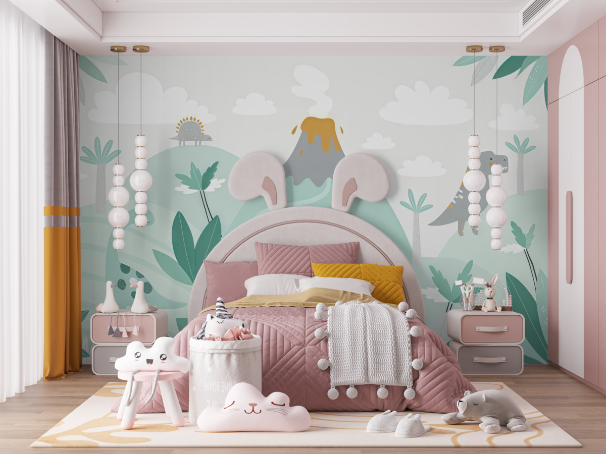 Fototapeta góry, wulkan i dinozaury w błękitnych tonach