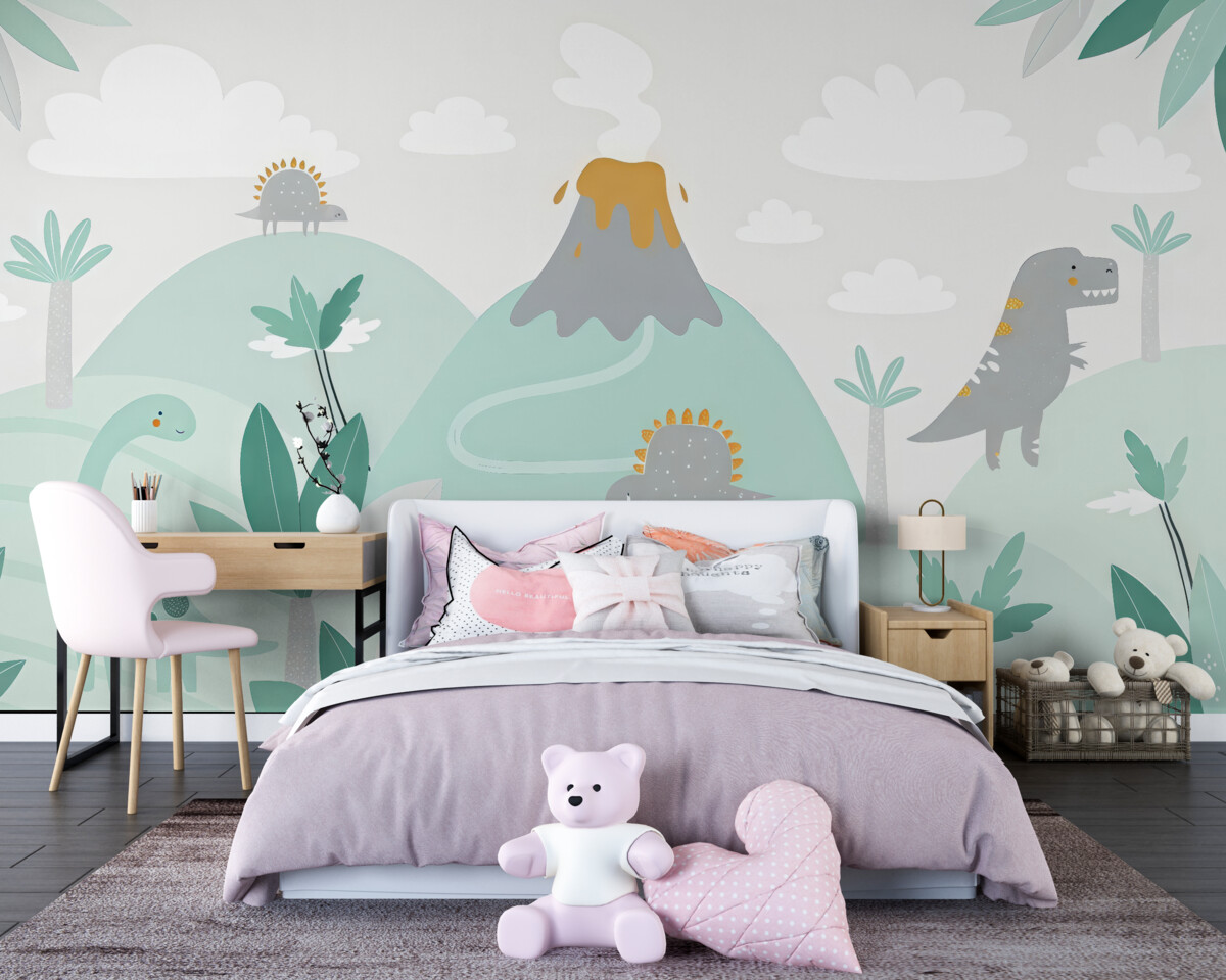 Fototapeta góry, wulkan i dinozaury w błękitnych tonach