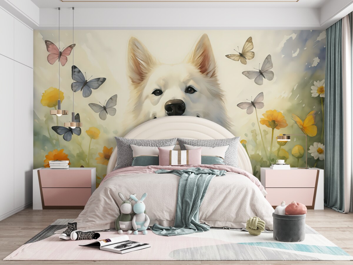 Fototapeta Biały pies pośród motyli i kwiatów akwarela.