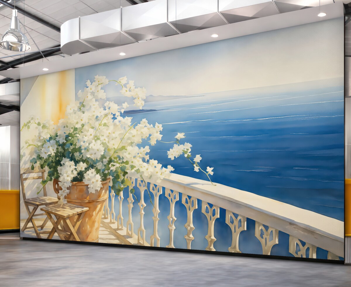 Fototapeta Biały bez w doniczce na balkonie z widokiem na ocean akwarela.