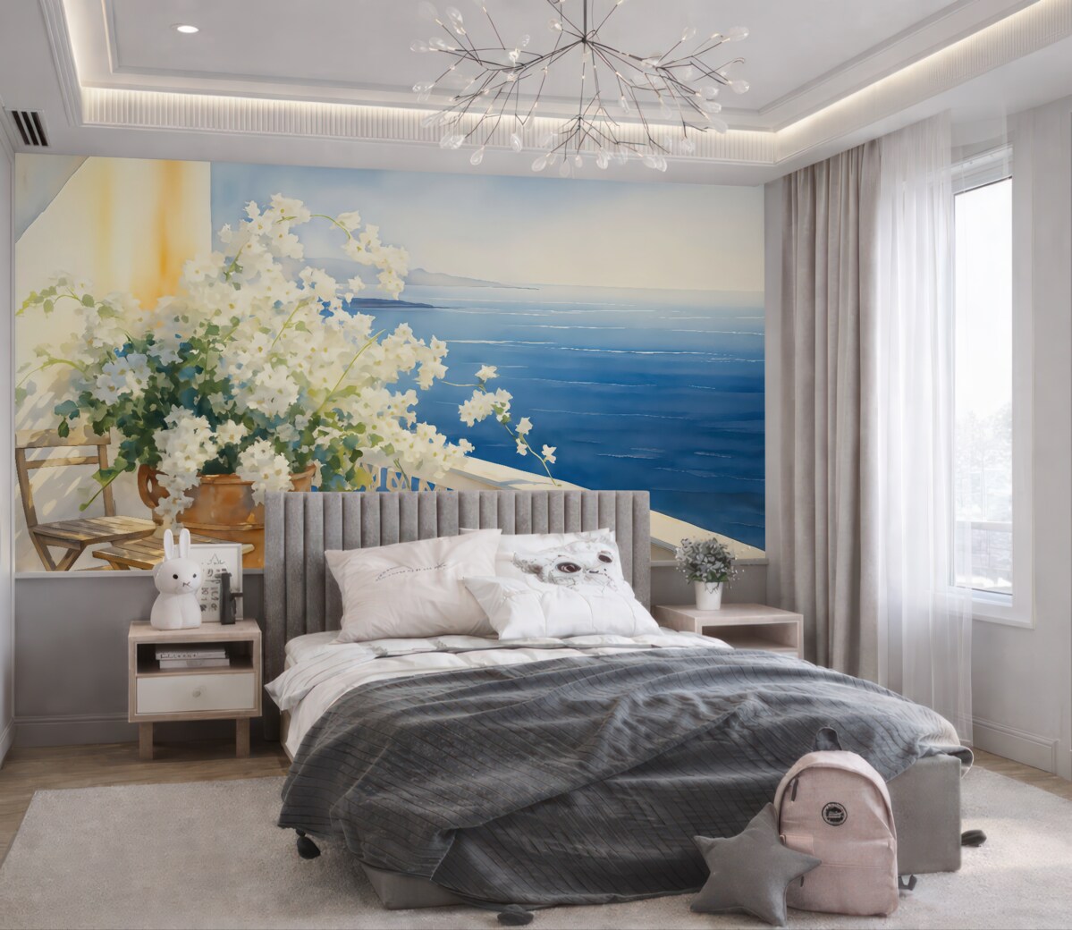 Fototapeta Biały bez w doniczce na balkonie z widokiem na ocean akwarela.