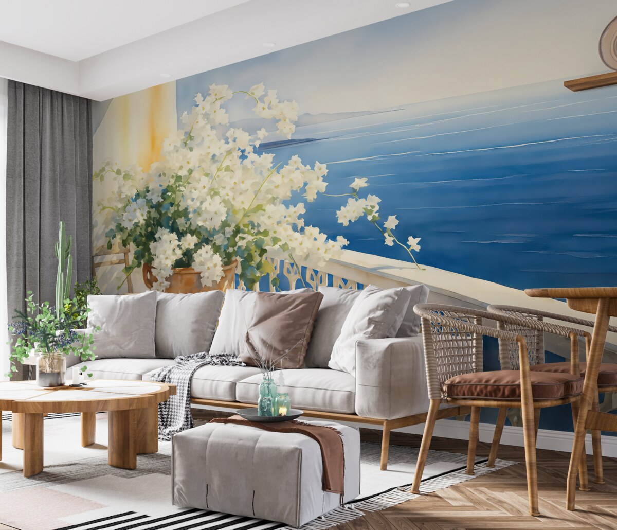 Fototapeta Biały bez w doniczce na balkonie z widokiem na ocean akwarela.