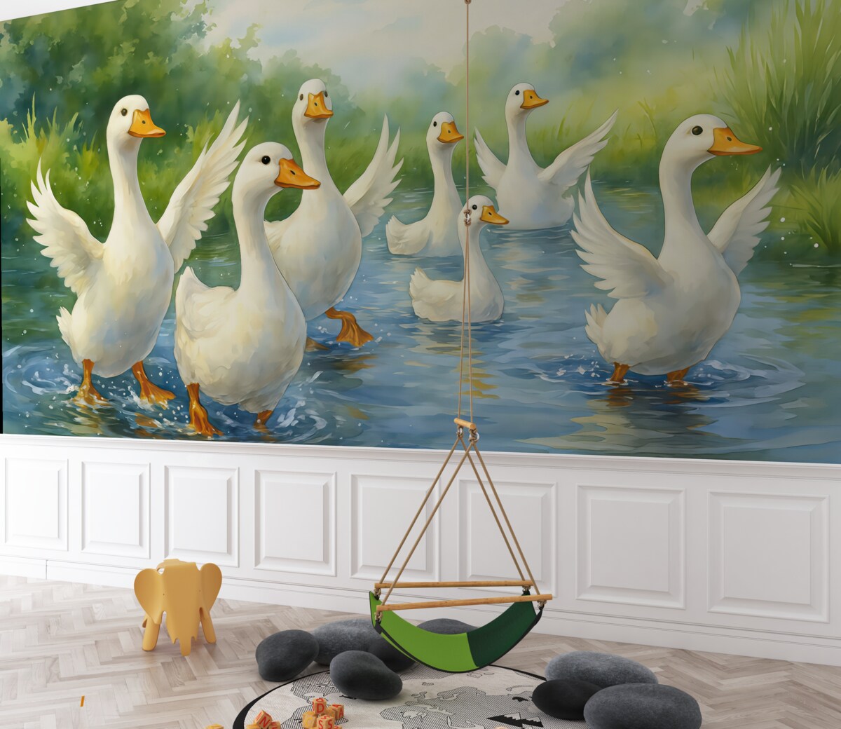 Fototapeta Białe gęsi brodzące w stawie akwarela.