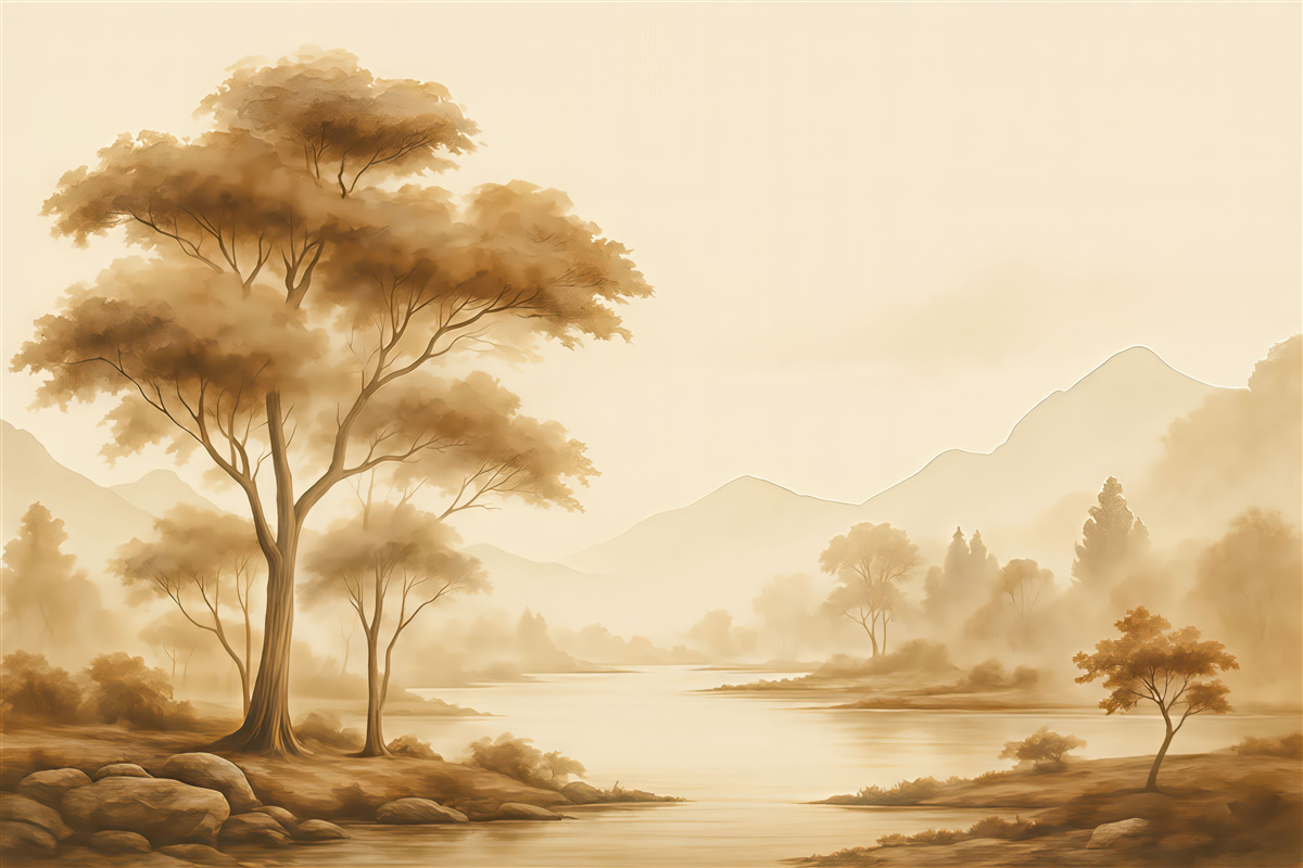 Fototapeta Krajobraz w stylu vintage z drzewem przy rzece, w tle góry akwarelowe.