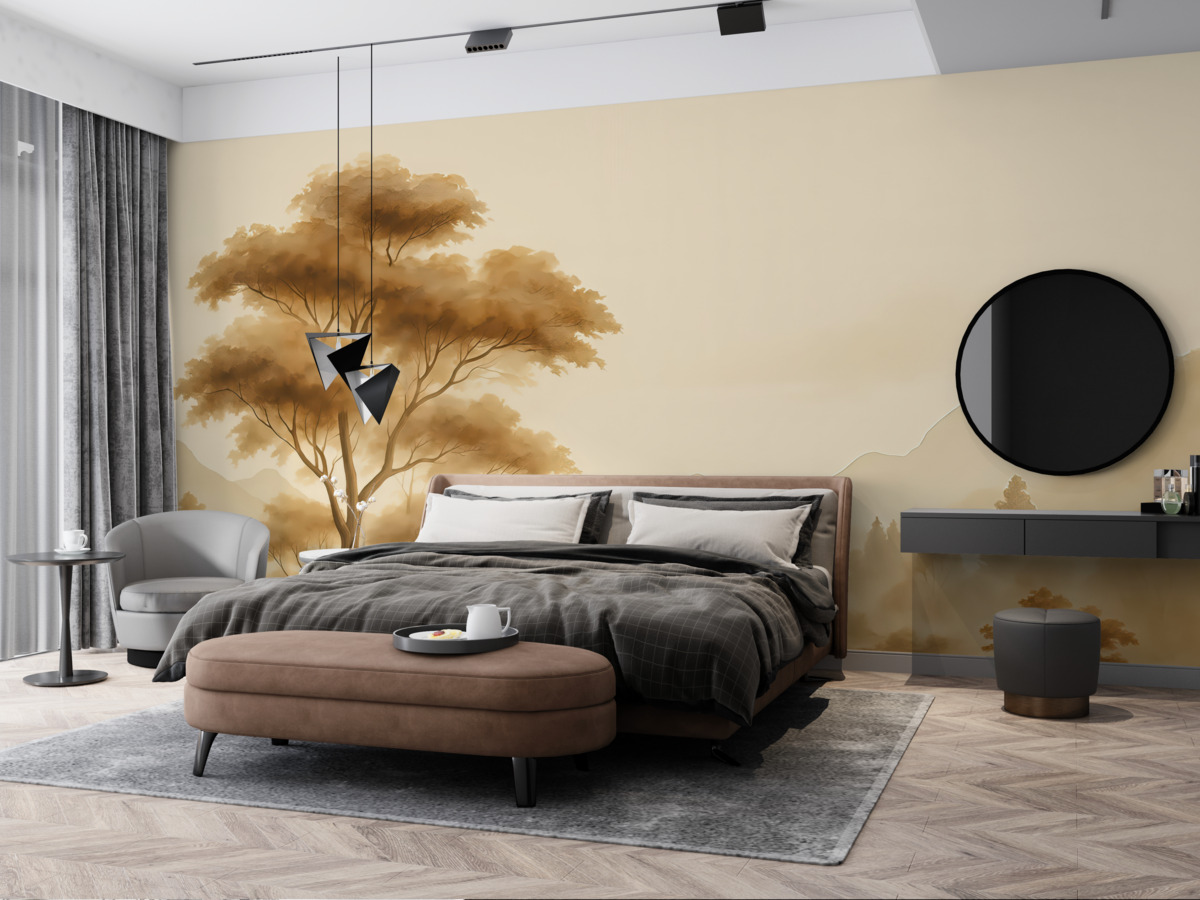 Fototapeta Krajobraz w stylu vintage z drzewem przy rzece, w tle góry akwarelowe.