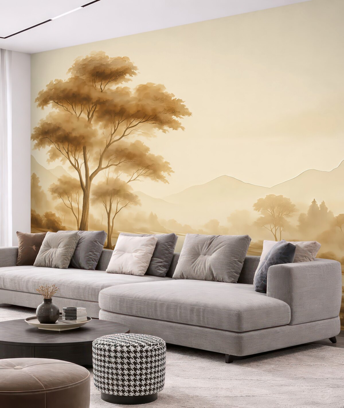 Fototapeta Krajobraz w stylu vintage z drzewem przy rzece, w tle góry akwarelowe.