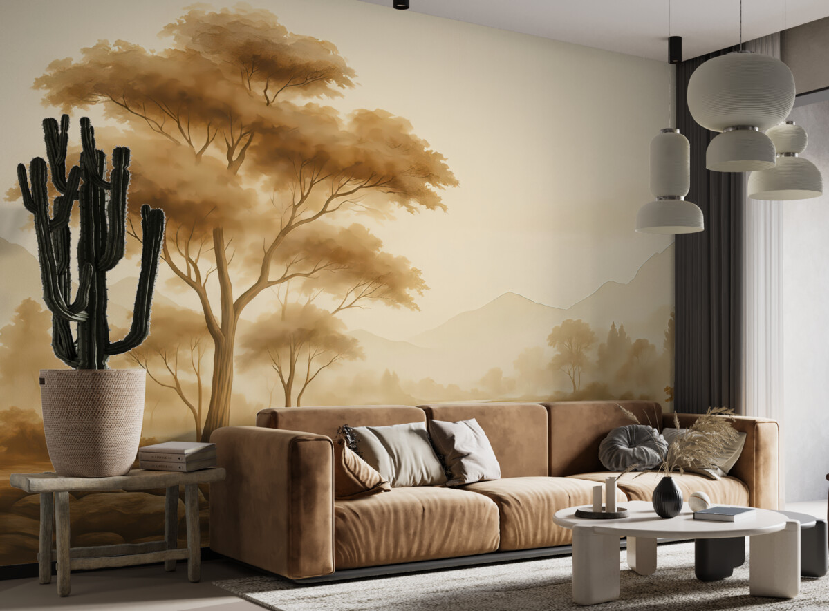 Fototapeta Krajobraz w stylu vintage z drzewem przy rzece, w tle góry akwarelowe.