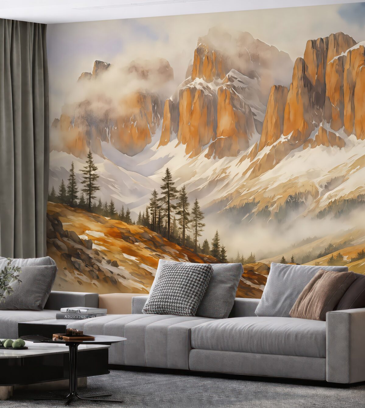 Fototapeta Zimowa dolina u stóp gór Dolomitów akwarela.