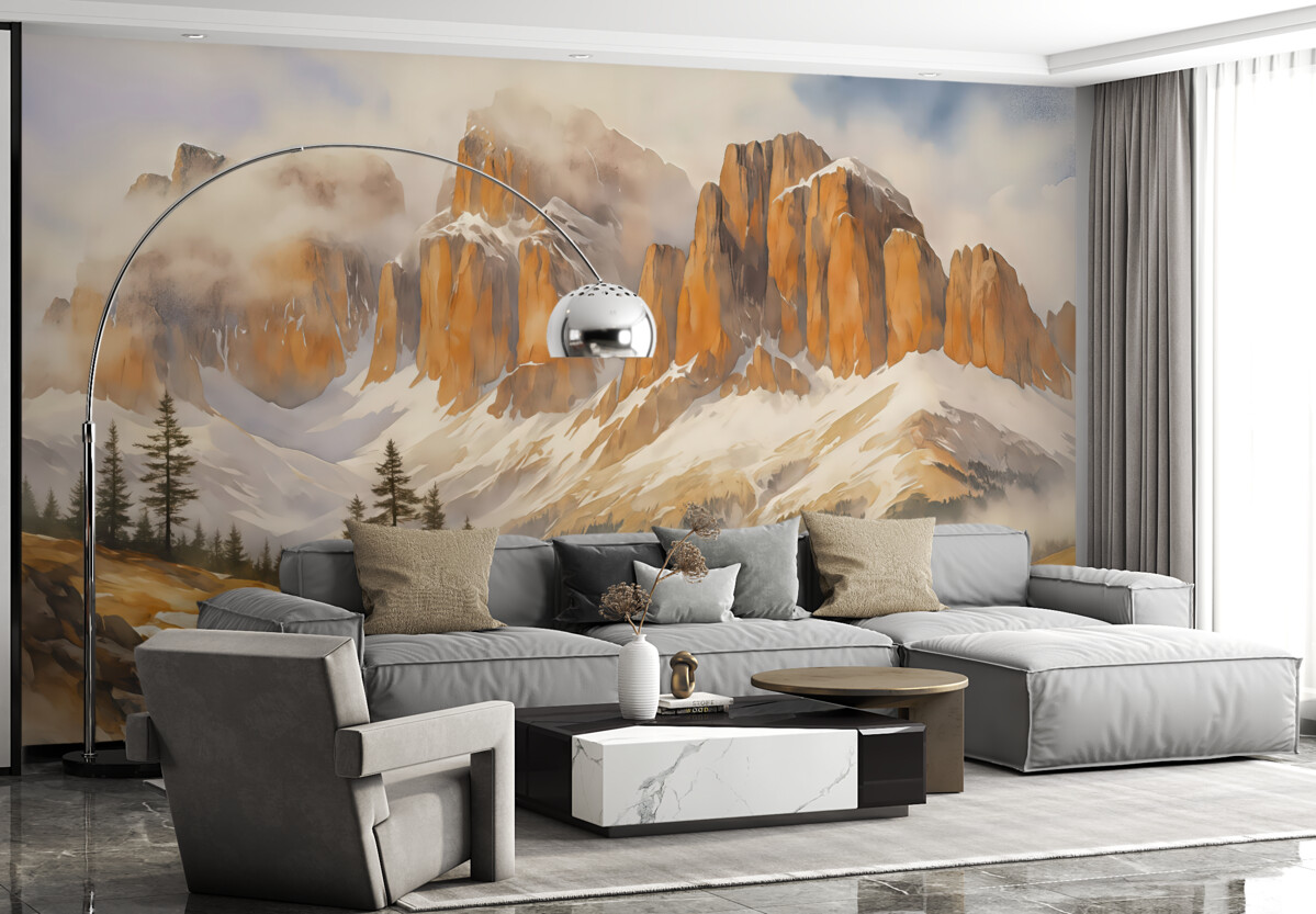 Fototapeta Zimowa dolina u stóp gór Dolomitów akwarela.