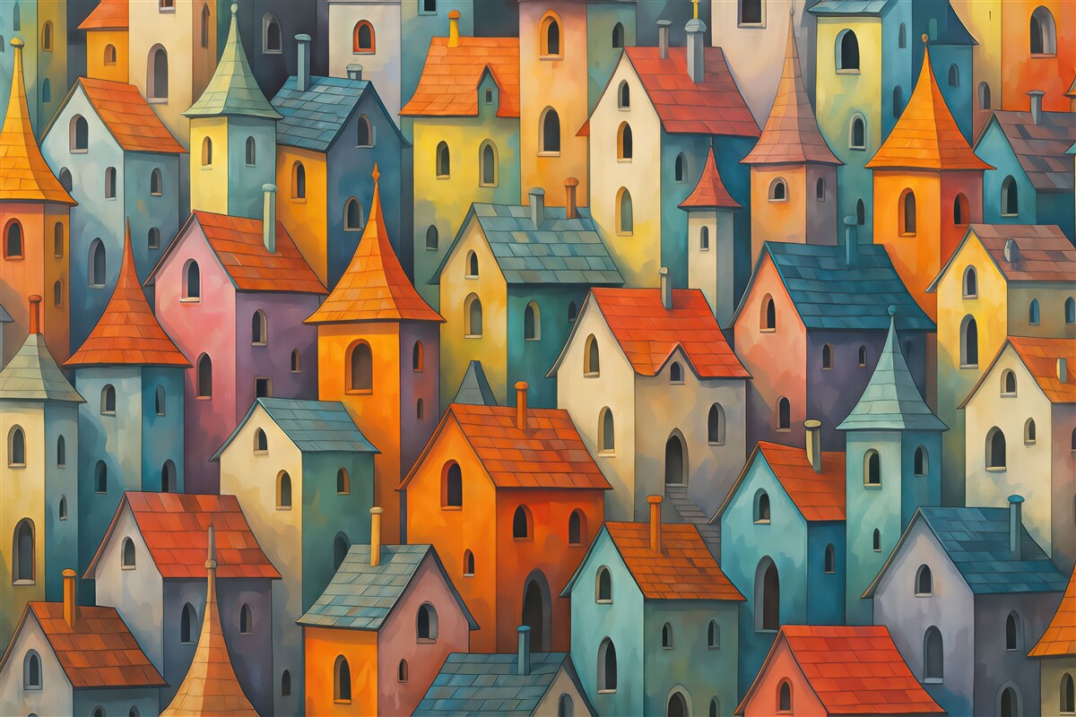 Fototapeta Kolorowe, jasne budynki, nawiązujące do malarstwa z ruchami pędzla.