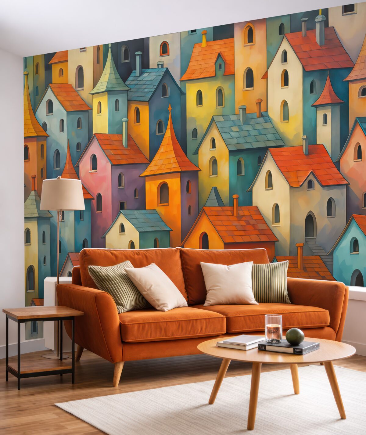 Fototapeta Kolorowe, jasne budynki, nawiązujące do malarstwa z ruchami pędzla.