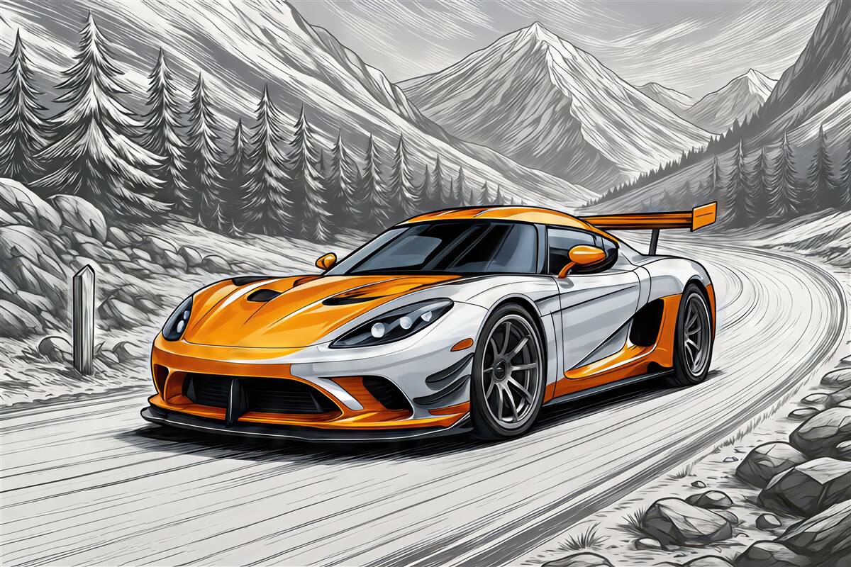 Fototapeta Pomarańczowy auto wyścigowe na szarym, szkicowym tle drogi między górami i choinkami. Aby ozdobić pokój chłopca.