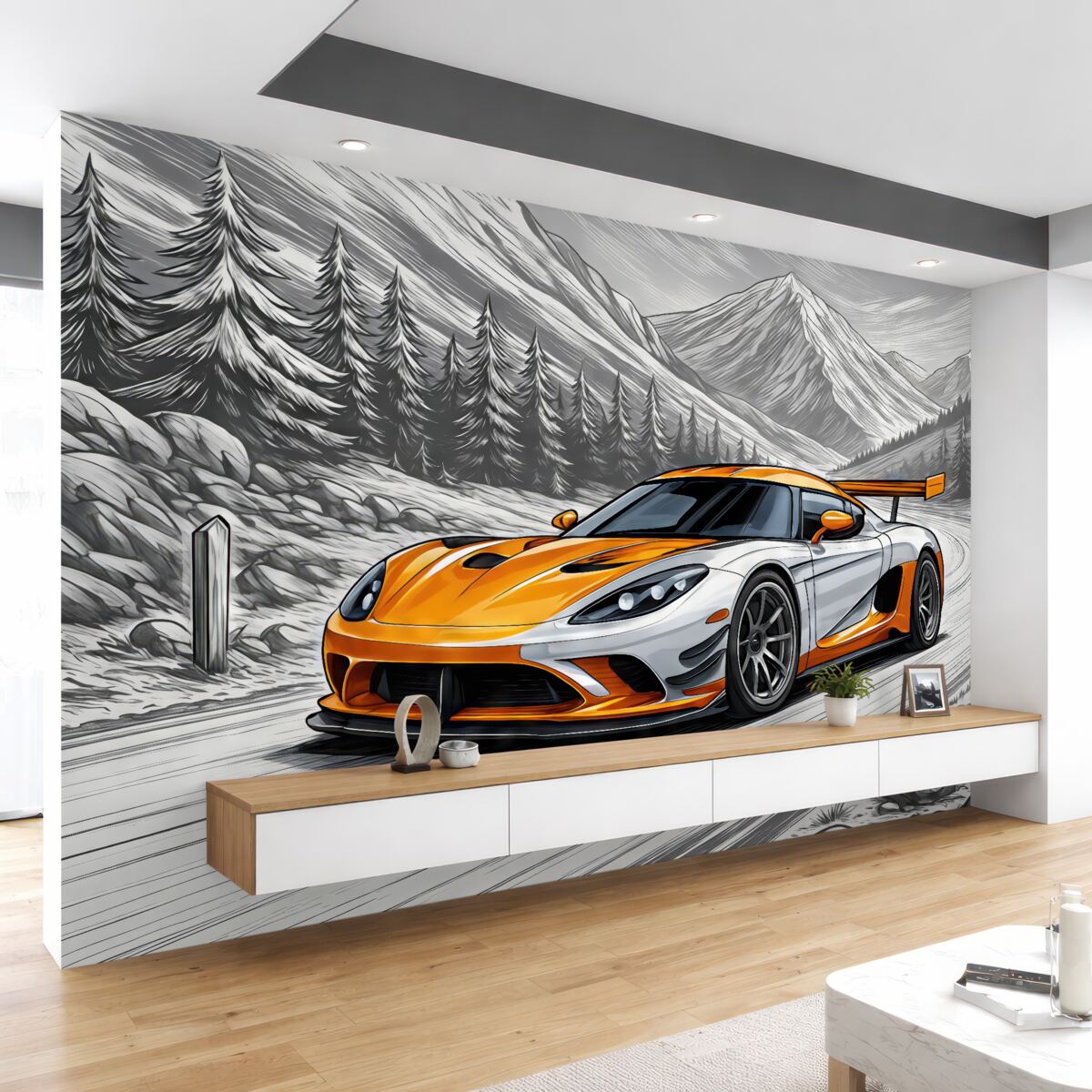 Fototapeta Pomarańczowy auto wyścigowe na szarym, szkicowym tle drogi między górami i choinkami. Aby ozdobić pokój chłopca.