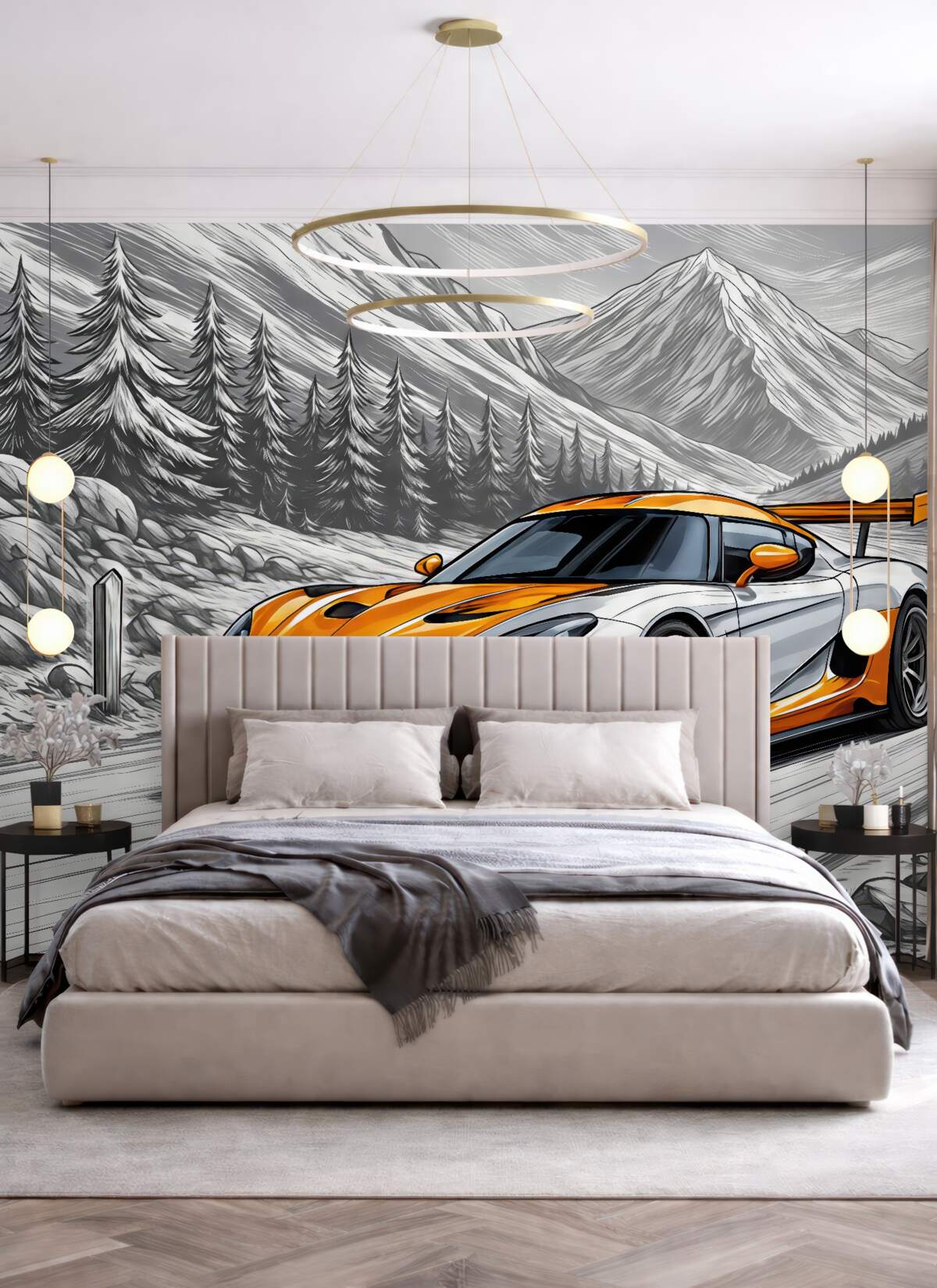 Fototapeta Pomarańczowy auto wyścigowe na szarym, szkicowym tle drogi między górami i choinkami. Aby ozdobić pokój chłopca.