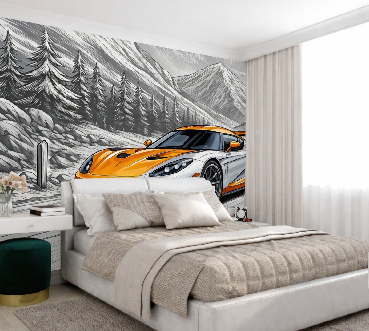 Fototapeta Pomarańczowy auto wyścigowe na szarym, szkicowym tle drogi między górami i choinkami. Aby ozdobić pokój chłopca.