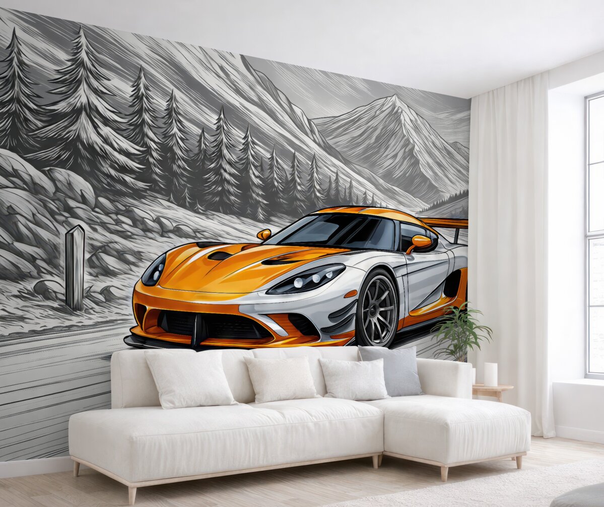 Fototapeta Pomarańczowy auto wyścigowe na szarym, szkicowym tle drogi między górami i choinkami. Aby ozdobić pokój chłopca.
