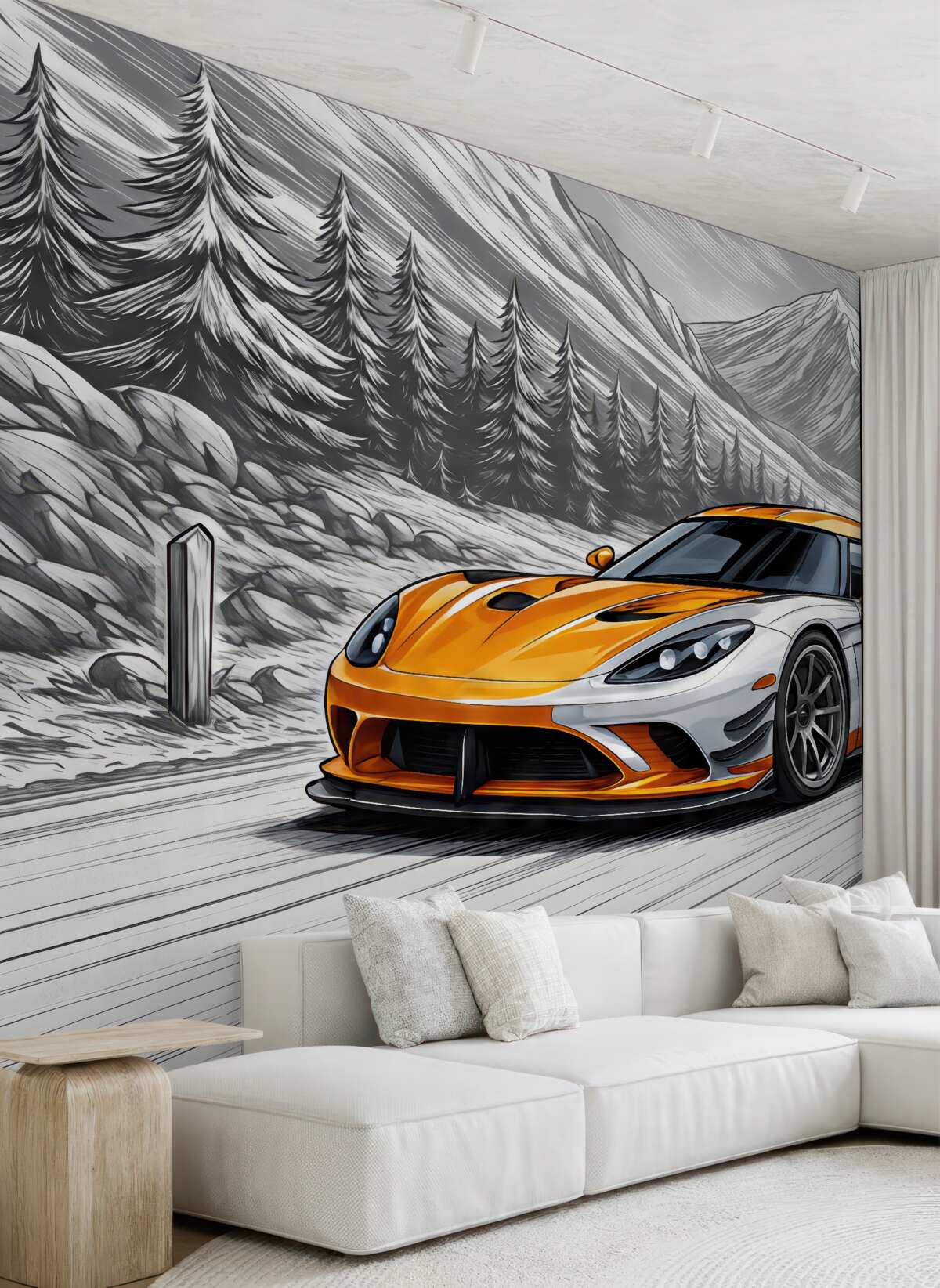 Fototapeta Pomarańczowy auto wyścigowe na szarym, szkicowym tle drogi między górami i choinkami. Aby ozdobić pokój chłopca.